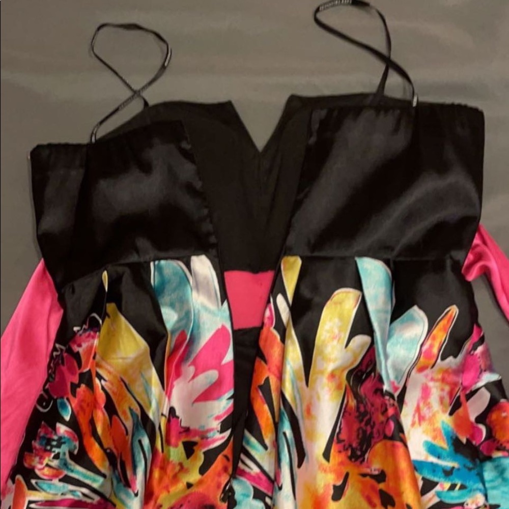 Silk summer dress, rainbow, pink waist ribbon, low back zipper, low chest cut